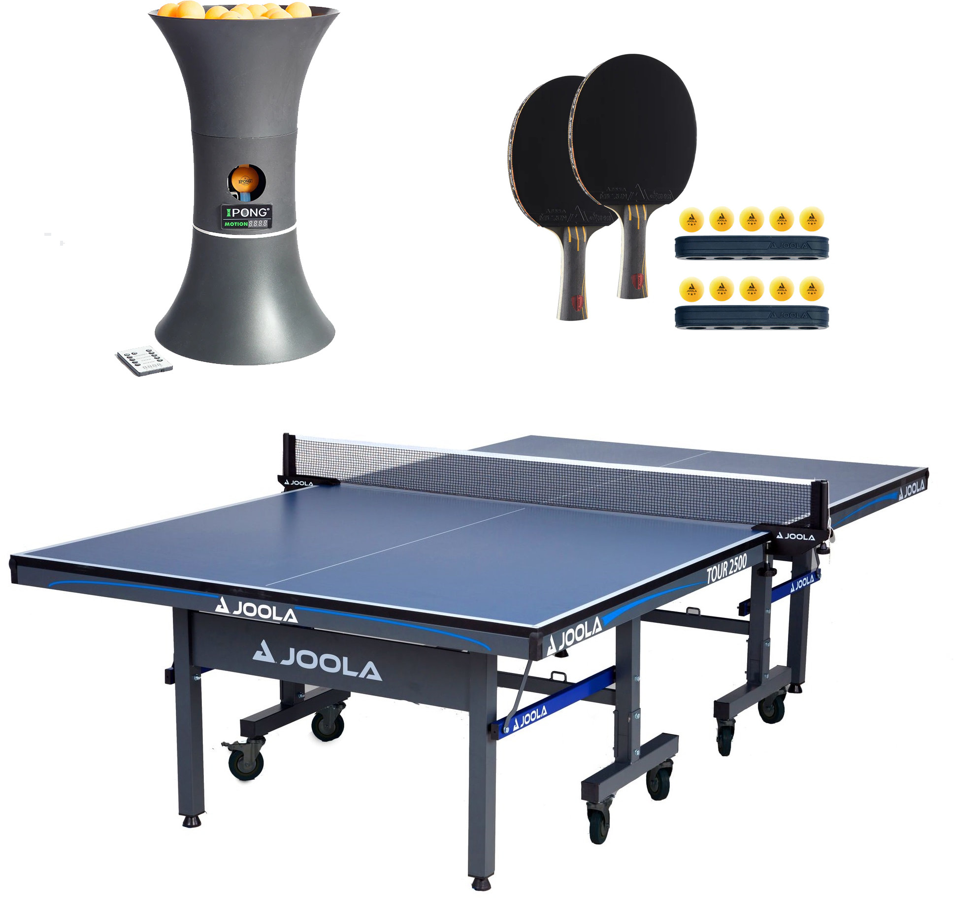 JOOLA Tour 2500 w/IPONG Trainer Motion Robot and Rackets Bundle