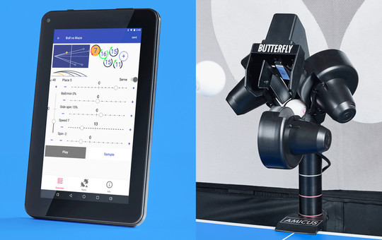 Butterfly Amicus Prime Table Tennis Robot Speeds App Available to Operate with Android or iOS Devices Bag Program Multiple Spins Includes Android Tablet Placements Top Robot 